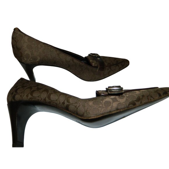 Coach Brown Monogram Buckle Loafers Pointed Toe Heel 7.5B Womens Leather Canvas - Picture 6 of 12